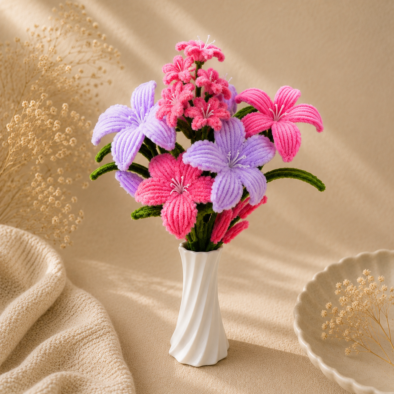A decorative embroidered bouquet of pink and purple lily-like flowers with green stems in a small white vase, styled on a beige fabric surface with dried floral props and a dish.