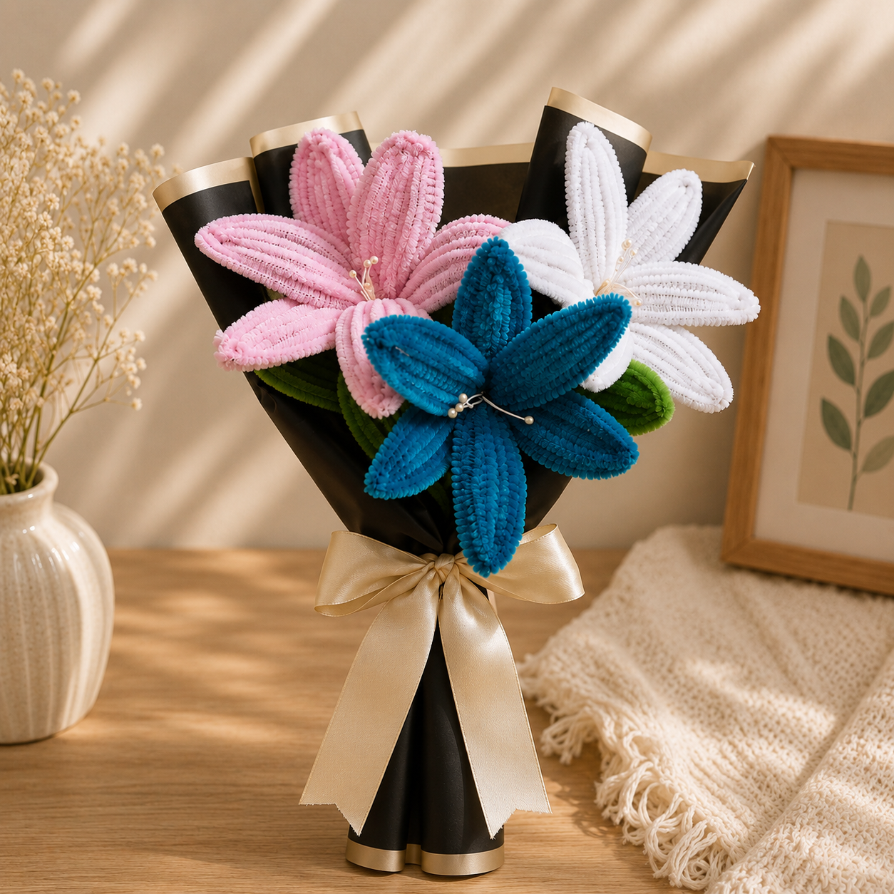 A bouquet-style arrangement of three textured flower-like pieces wrapped in black paper with gold trim, tied with a cream ribbon, displayed on a wooden surface in a styled indoor setting with a vase, framed art, and a knit blanket.