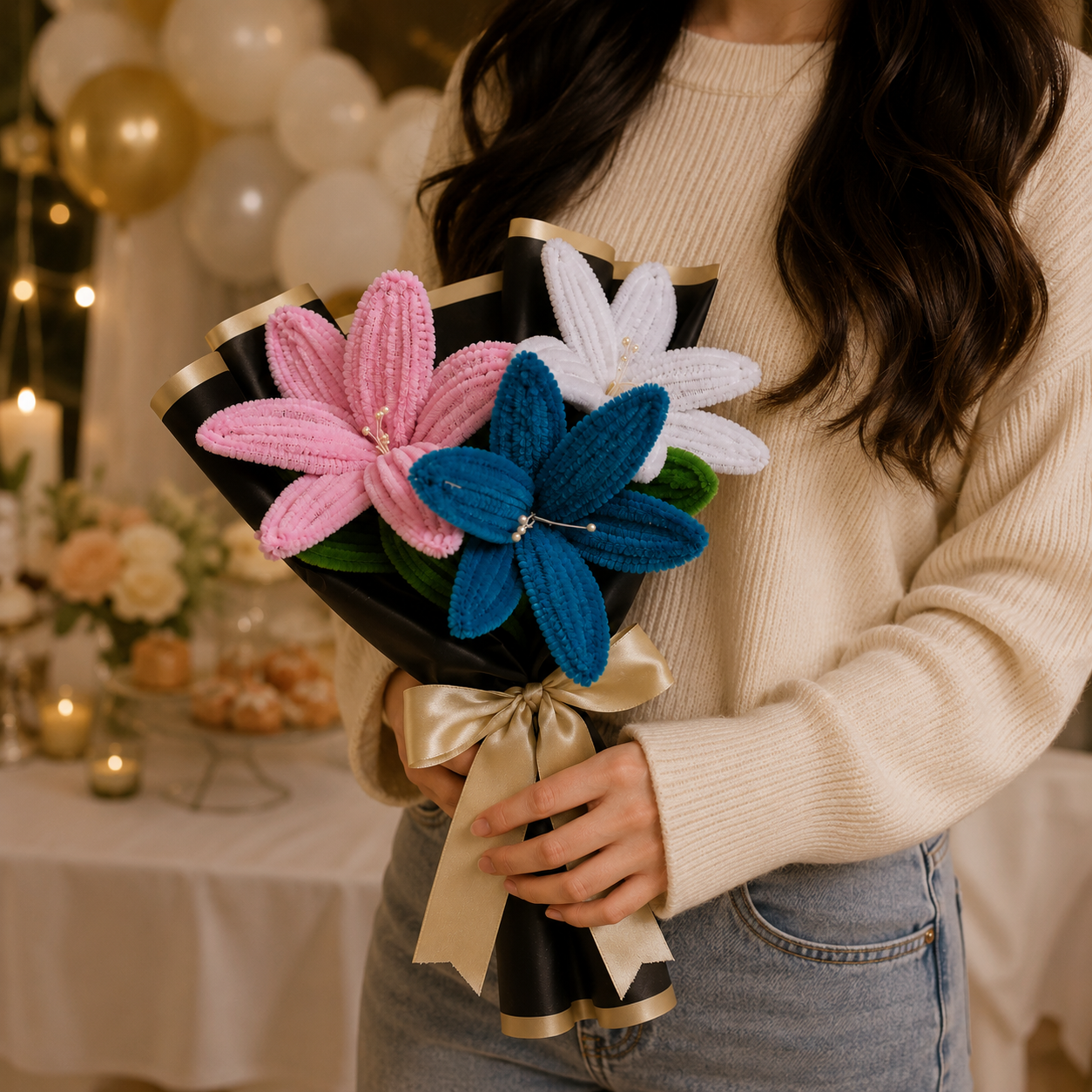 A person in a cream ribbed sweater holds a wrapped bouquet of crocheted flowers. The bouquet features two large pink and blue flowers, one smaller white flower, green leaves, black wrapping paper with gold trim, and a beige satin ribbon.