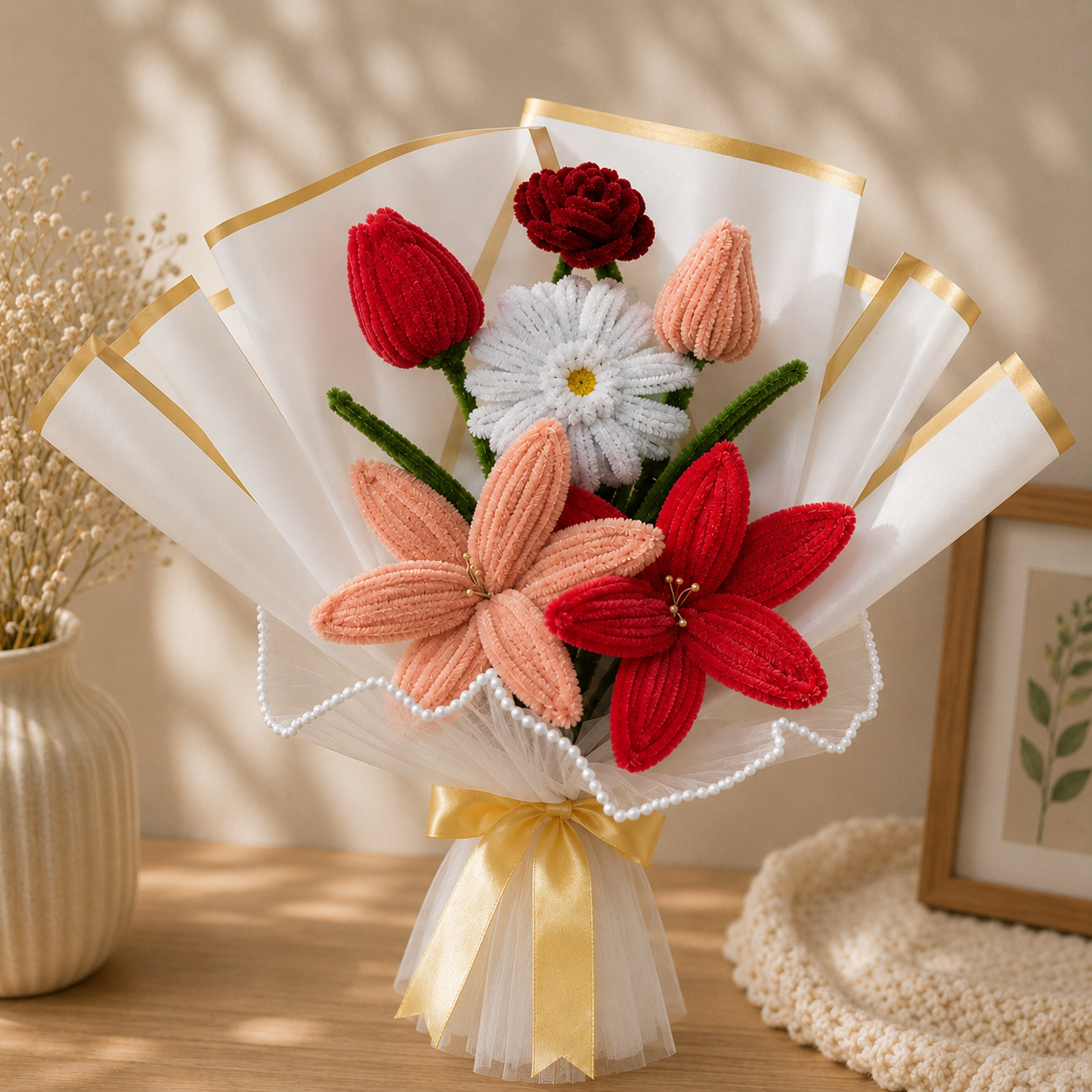 Handmade crochet flower bouquet wrapped in white paper with gold trim, featuring red tulips, a white daisy, peach lilies, and a red rose, tied with a yellow ribbon on a wooden table.