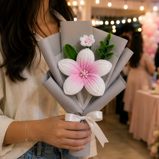 A person holding a small handmade floral bouquet made of crocheted or knitted flowers, with a large pink-and-white flower in the center, wrapped in light gray paper and tied with a white ribbon in a softly lit indoor event space.