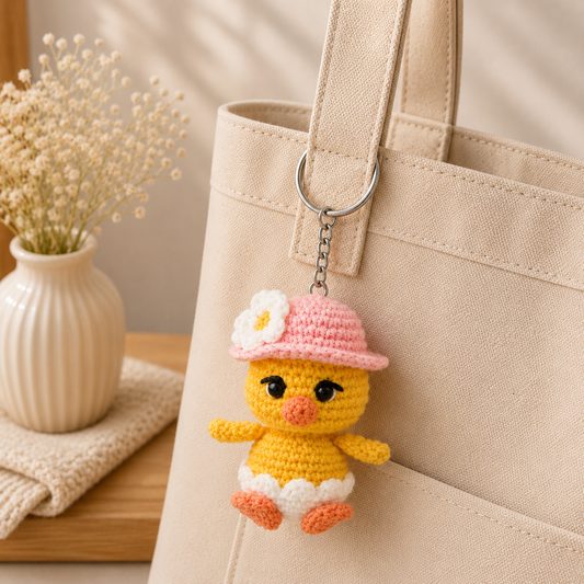 A yellow crocheted duck charm keychain with a pink hat and white flower, hanging from a beige canvas tote bag on a wooden table with a vase of dried flowers.