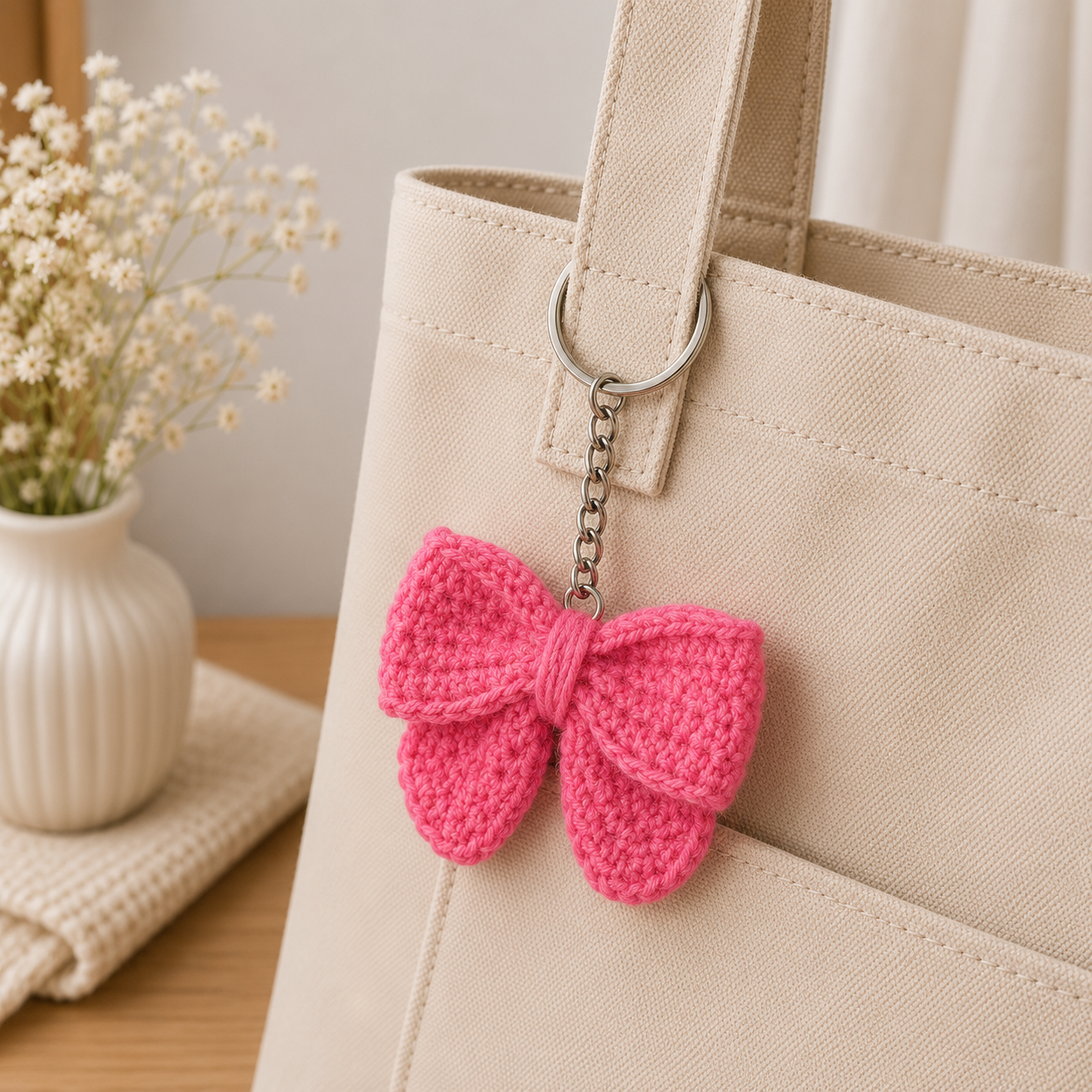 A bright pink crocheted bow keychain with a silver metal ring and chain, hanging from the strap of a beige canvas tote bag. The background features a wooden table, a white ceramic vase with dried baby's breath flowers, and a soft neutral curtain.