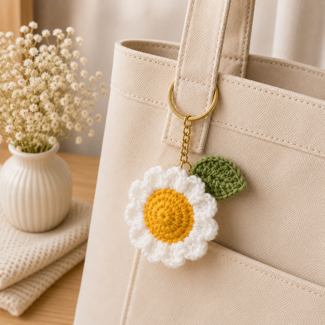 A cream canvas tote bag with a gold-tone key ring, decorated with a handmade crochet daisy keychain featuring a white flower, yellow center, and green leaf, styled next to a small vase of baby's breath.
