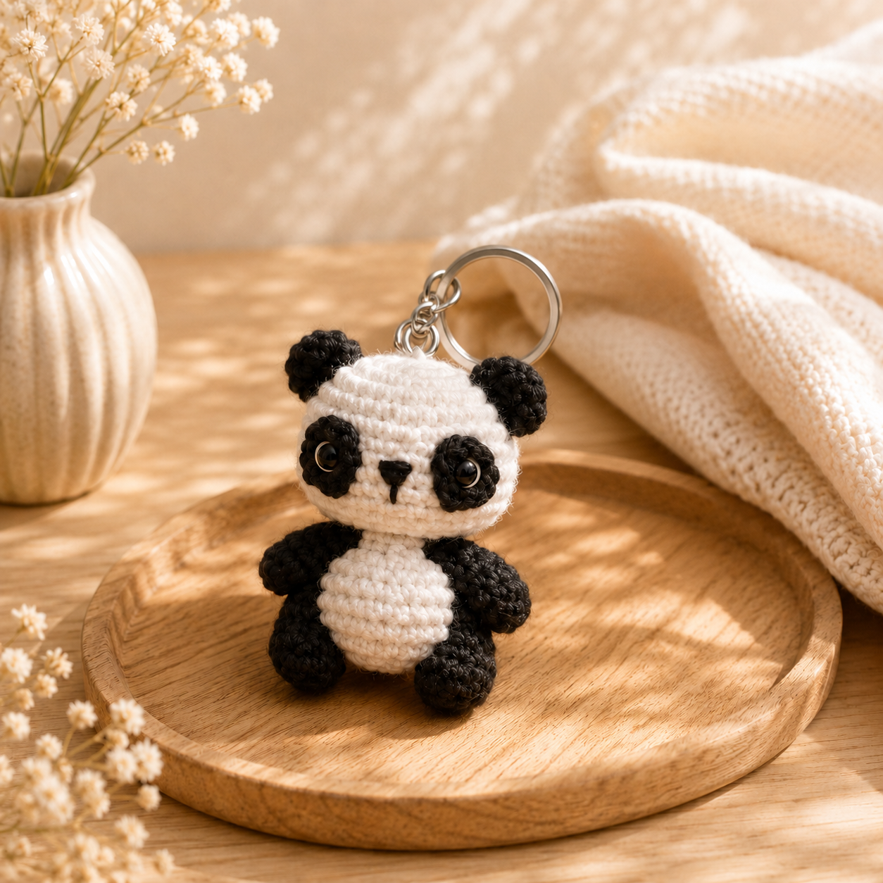 A crocheted panda keychain with a silver metal split ring, displayed on a round wooden tray. The scene is styled with a cream knit blanket, a small vase of dried flowers, and soft sunlight shadows.