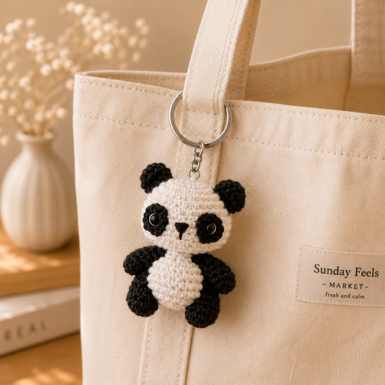 A crocheted panda keychain charm hanging from a silver ring on a cream canvas tote bag, with a decorative vase and books blurred in the background.