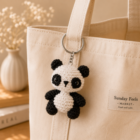 A crocheted panda keychain charm hanging from a silver ring on a cream canvas tote bag, with a decorative vase and books blurred in the background.