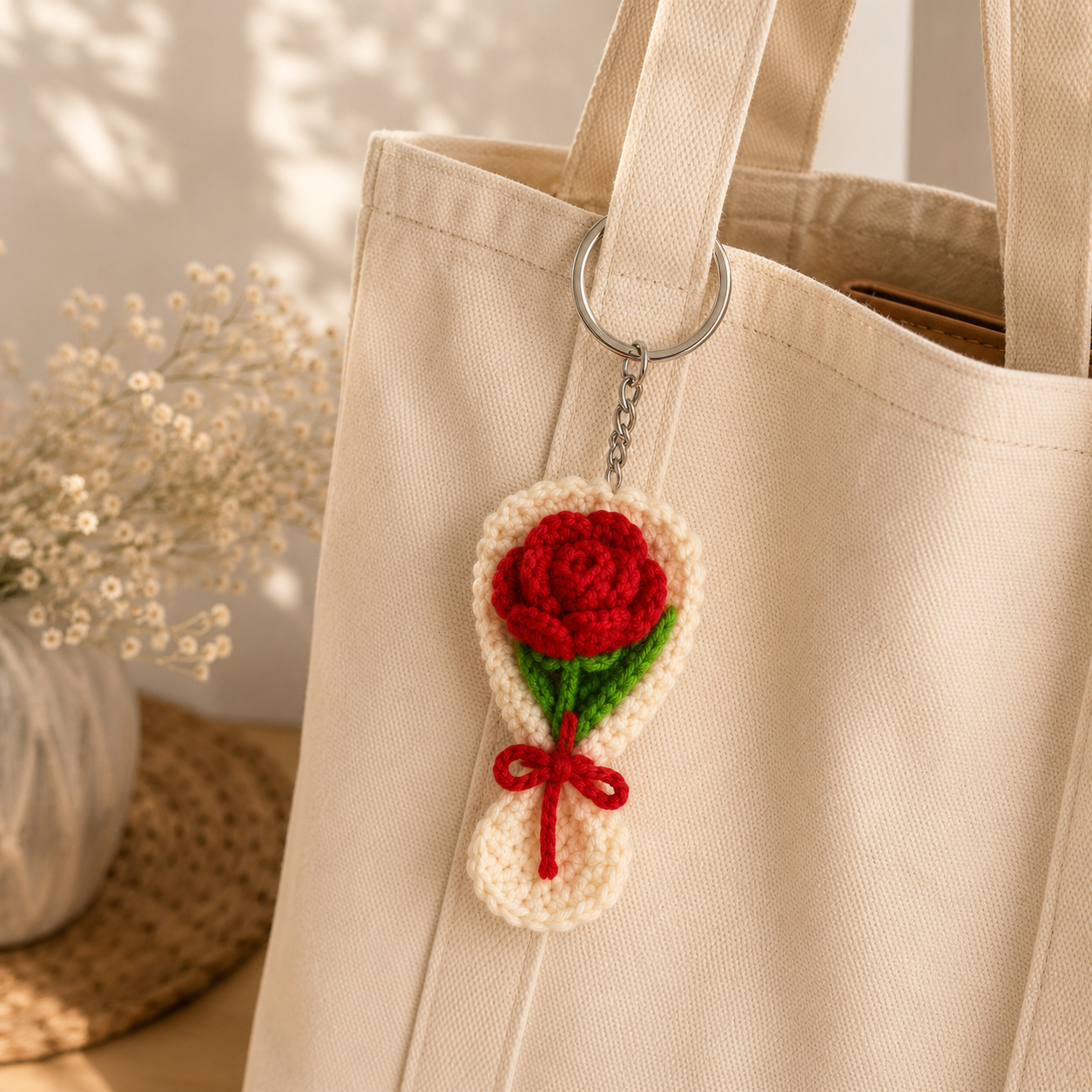 A cream canvas tote bag with a crocheted red rose keychain charm hanging from a silver metal ring, styled next to a vase of baby's breath.
