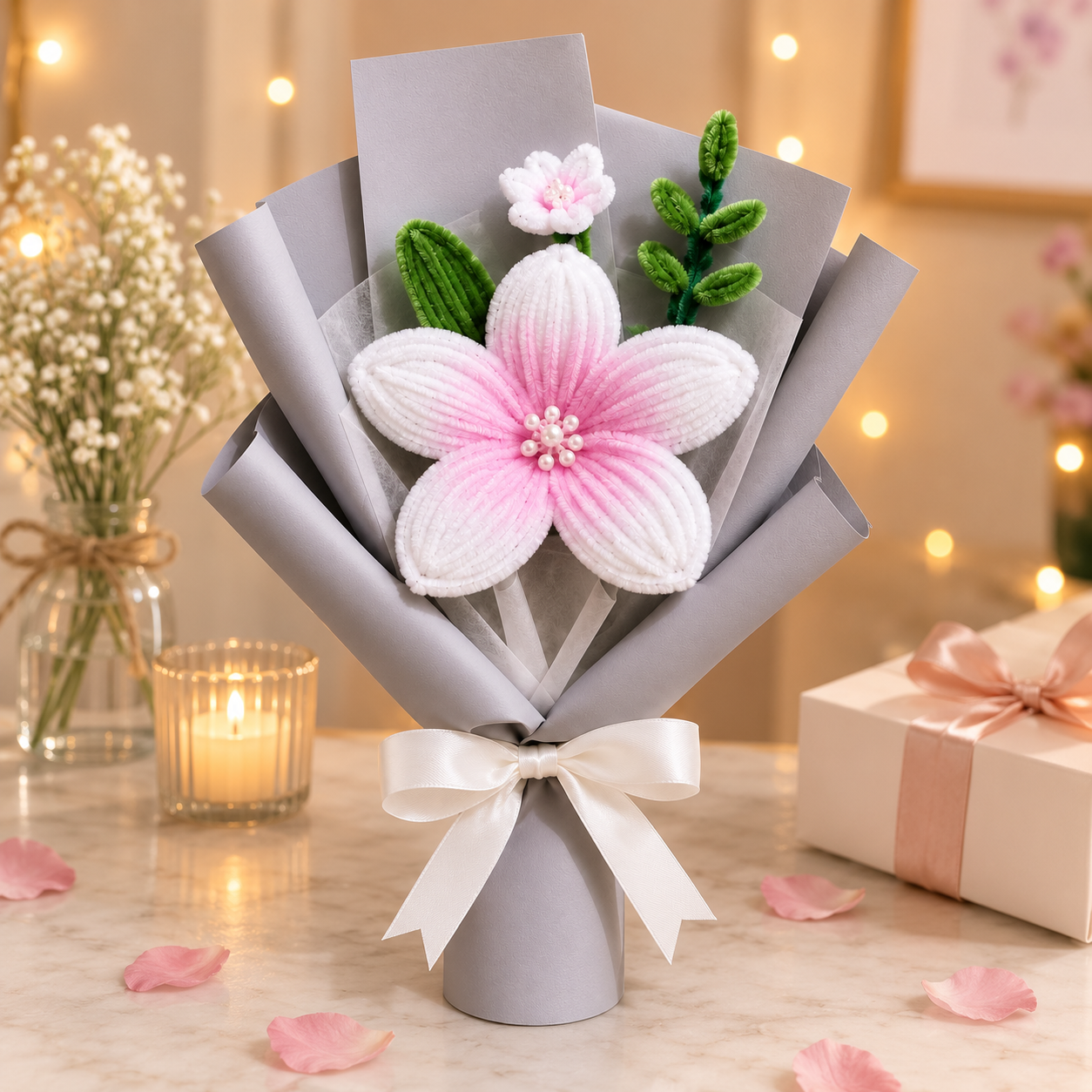 A handmade crocheted flower bouquet gift set featuring a large pink and white flower, green leaves, and smaller blossoms wrapped in gray paper with a white ribbon, styled on a marble surface with warm bokeh lights and flowers in the background.