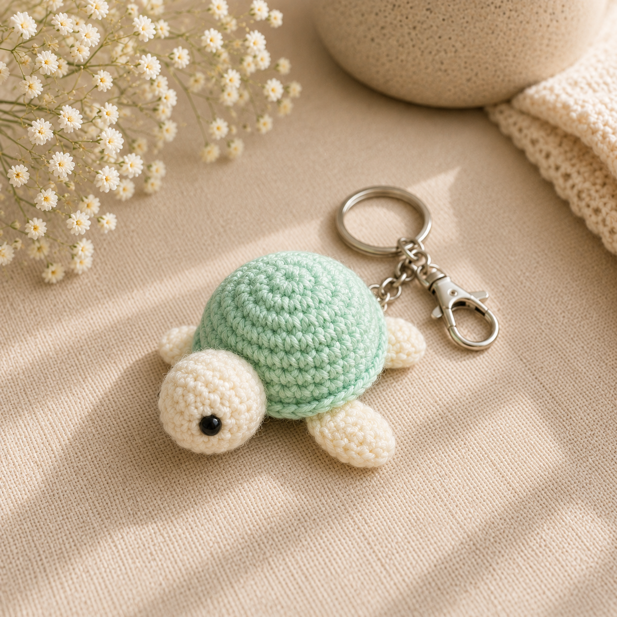 A crocheted turtle keychain with a mint green shell, cream-colored head and legs, and a silver metal clasp, displayed on a beige fabric surface with baby's breath flowers and a textured ceramic cup in the background.