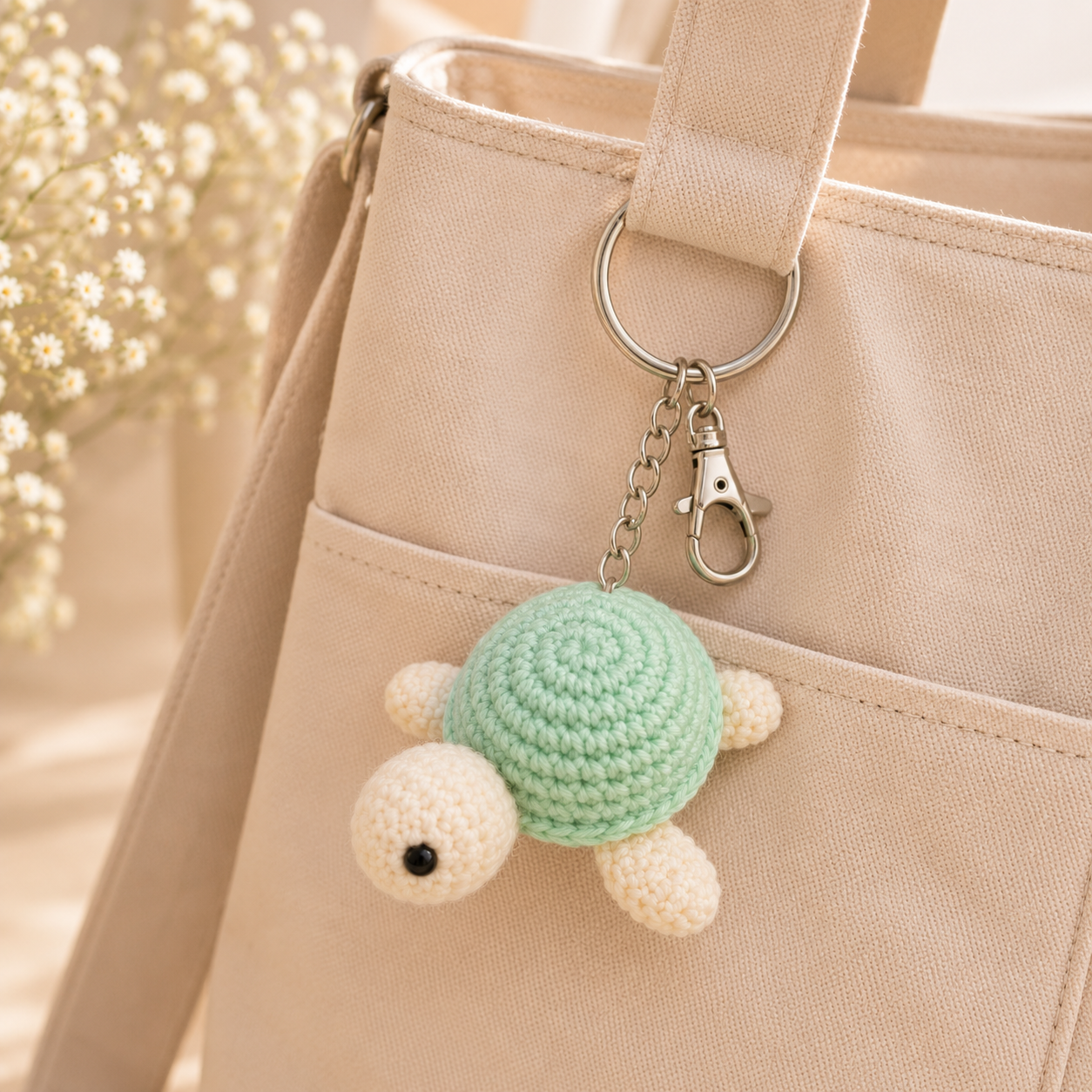 A small crocheted turtle keychain charm with a mint green shell and cream-colored head and legs, attached to a silver metal ring on a beige canvas tote bag.