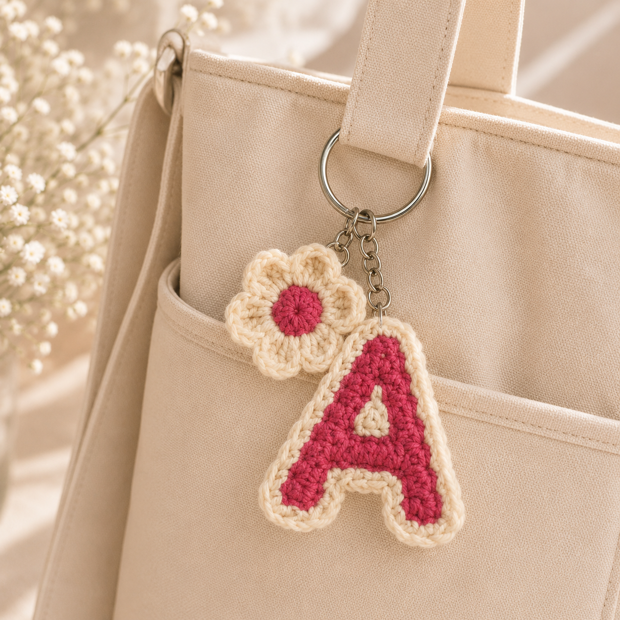 A cream-colored canvas tote bag with a crochet keychain charm featuring a large letter 'A' and a small flower, styled with dried baby's breath in the background.