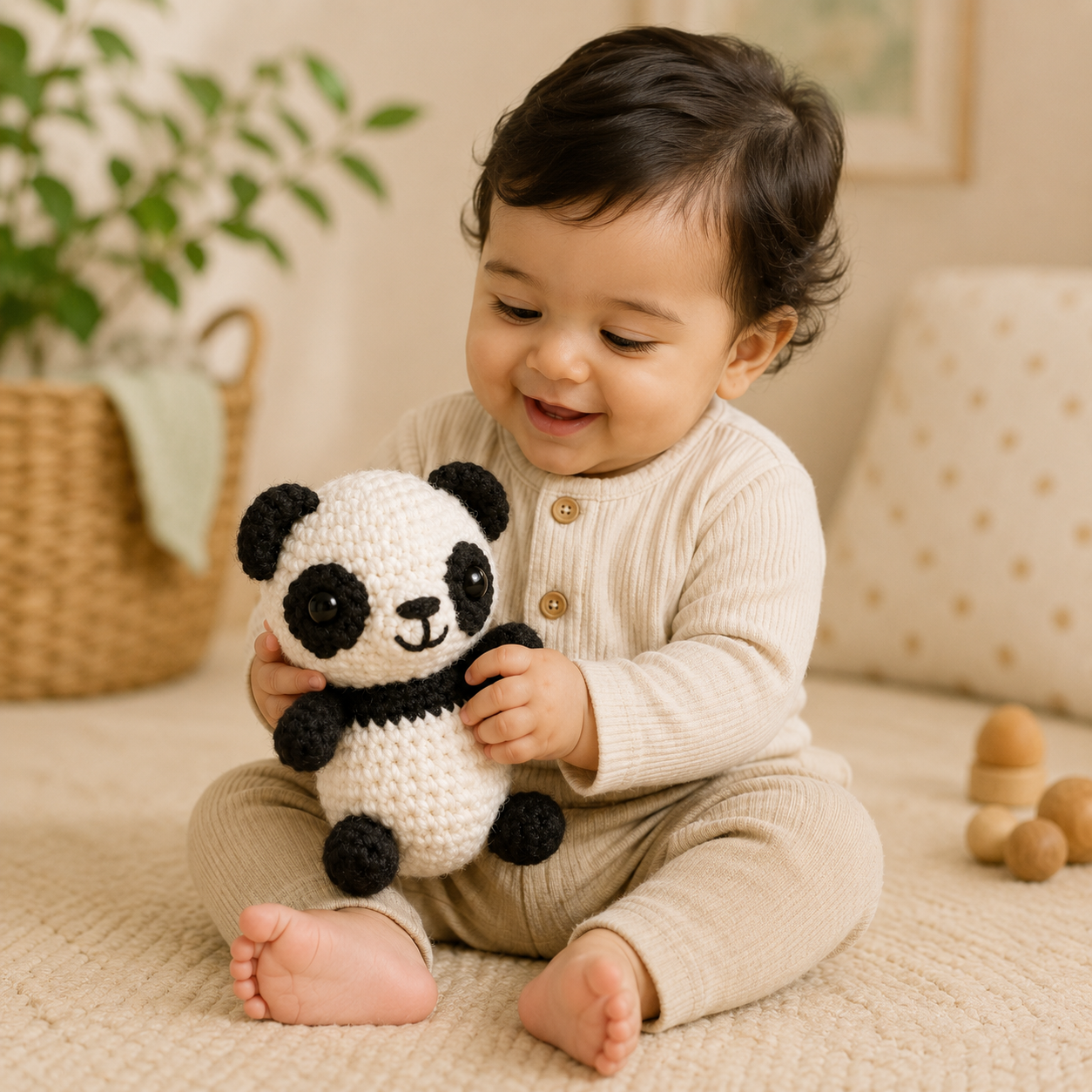 A baby sitting on a soft beige carpet and smiling while holding a crocheted black-and-white panda plush toy in a warm, cozy room.