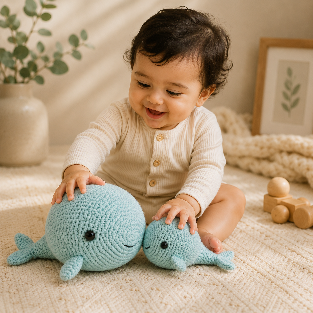 A baby sitting on a cream rug, smiling and touching two light blue crocheted whale toys in a cozy, warm-toned room.