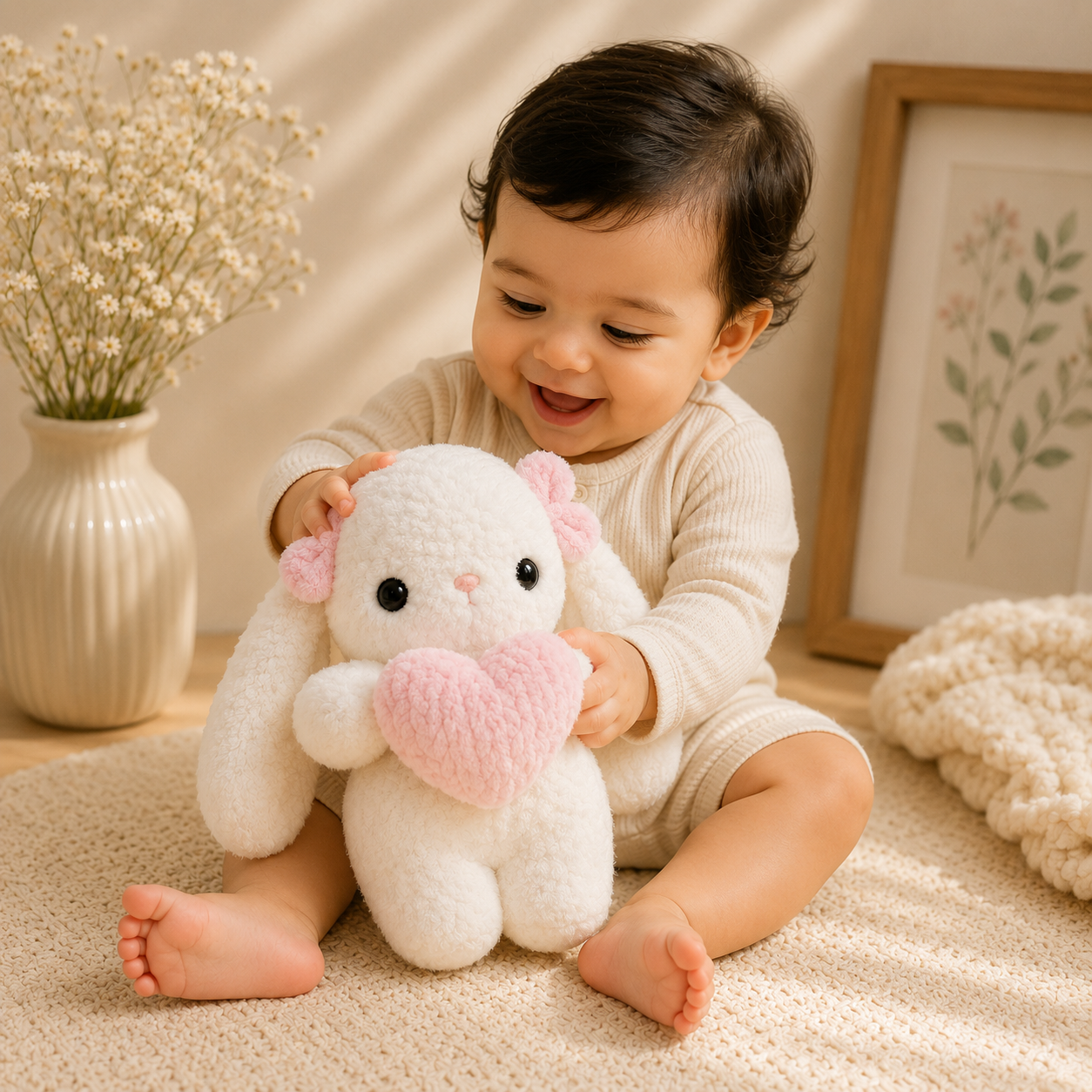 A baby sitting on a textured cream rug, holding a white plush stuffed bunny with a pink heart on its chest. The baby is wearing a cream ribbed long-sleeve romper.