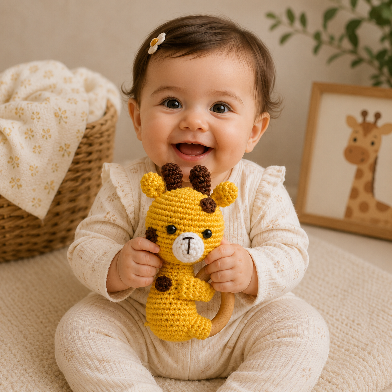 A smiling baby in a cream knit outfit holds a yellow crocheted giraffe toy with brown accents in a soft, styled room setting.