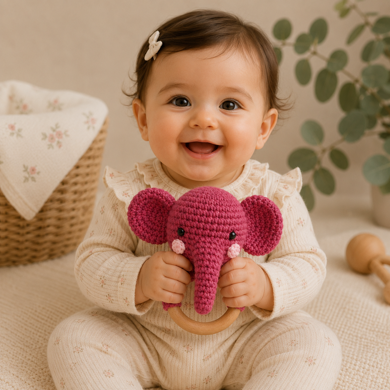 A smiling baby in a cream ribbed onesie holds a bright pink crocheted elephant toy with a wooden ring handle. The baby is seated on a soft beige surface with a wicker basket, floral cloth, and green leaves in the background.