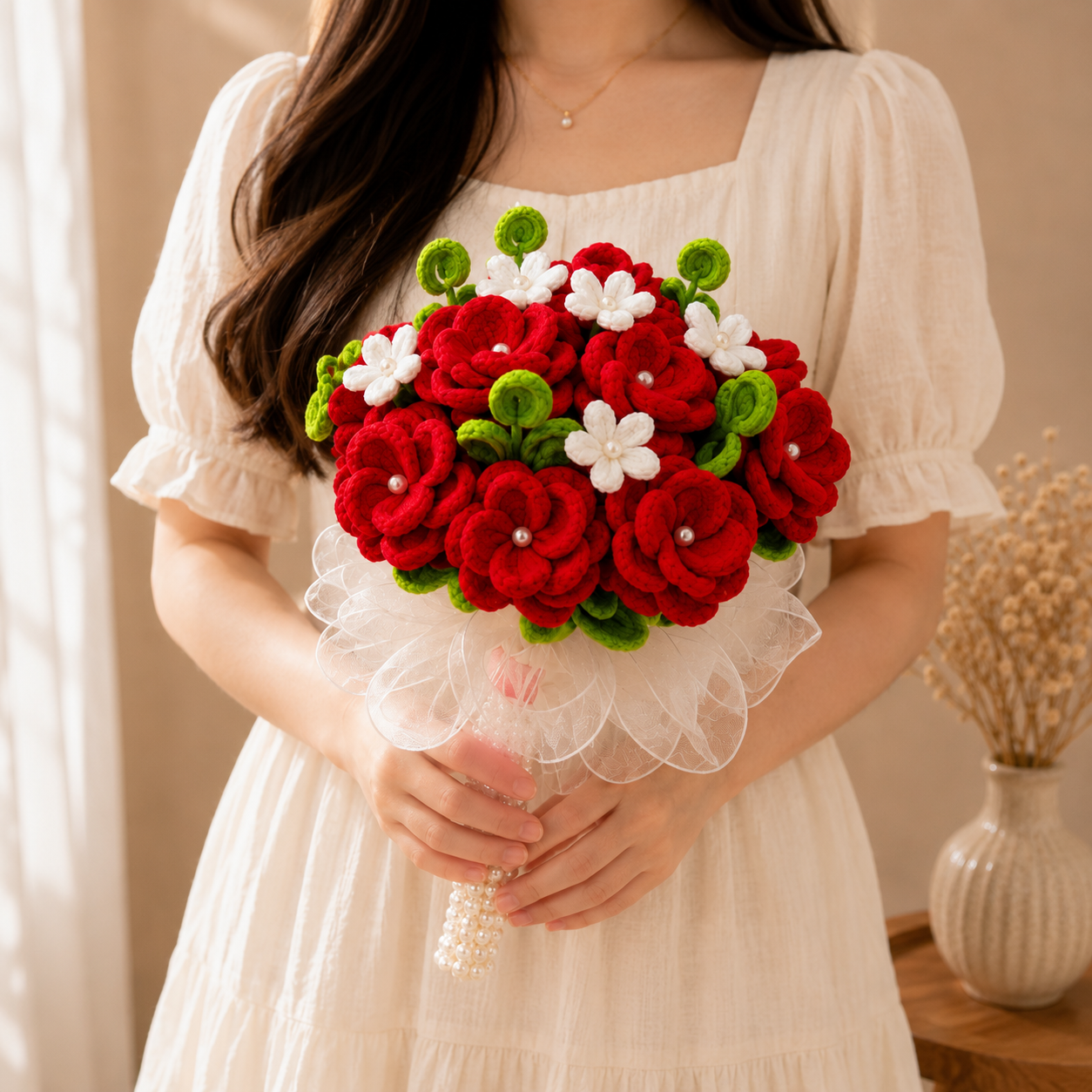 A person in a cream-colored dress holds a handmade felt flower bouquet with red and white flowers and green leaves.