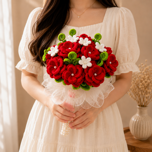 A person in a cream-colored dress holds a handmade felt flower bouquet with red and white flowers and green leaves.
