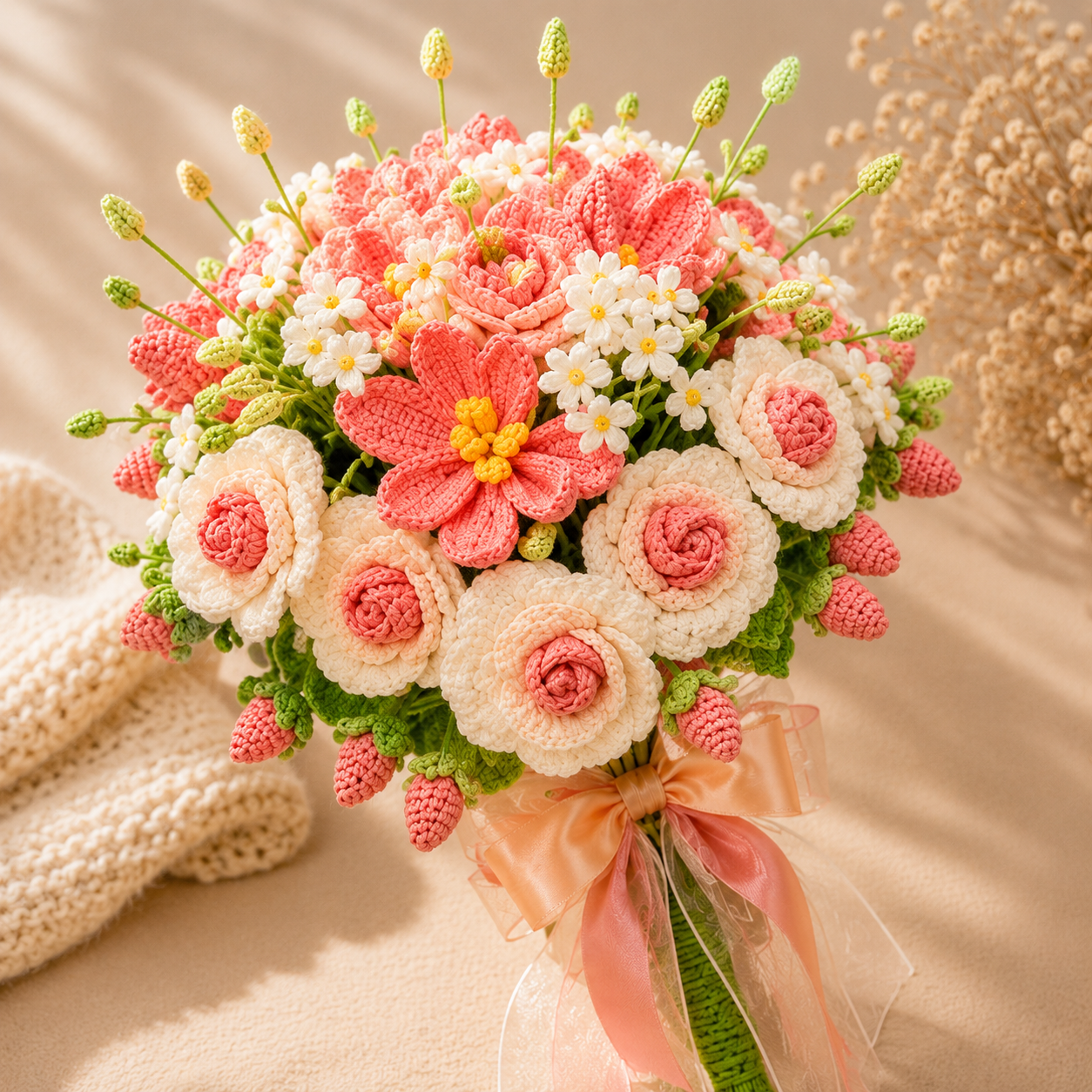 A handmade crocheted bouquet featuring pink and white flowers, green leaves, and a peach ribbon, styled on a beige fabric background with dried flowers and a knit blanket.