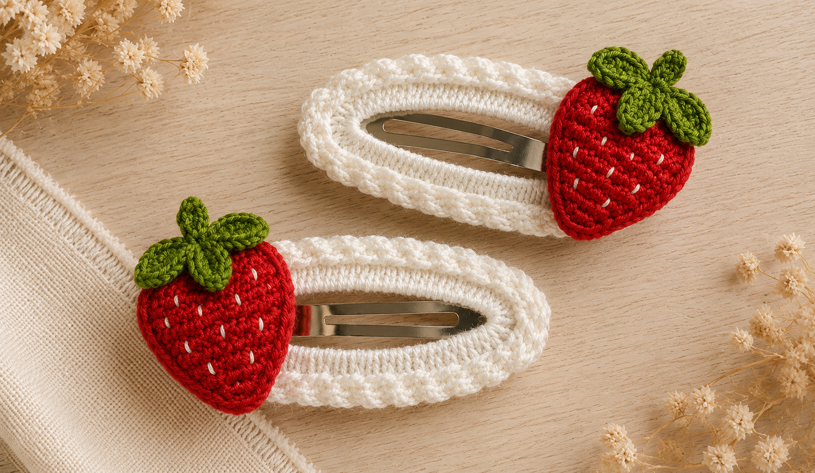Two white crocheted hair clips decorated with red strawberry and green leaf details, displayed on a light wood surface with dried flowers.