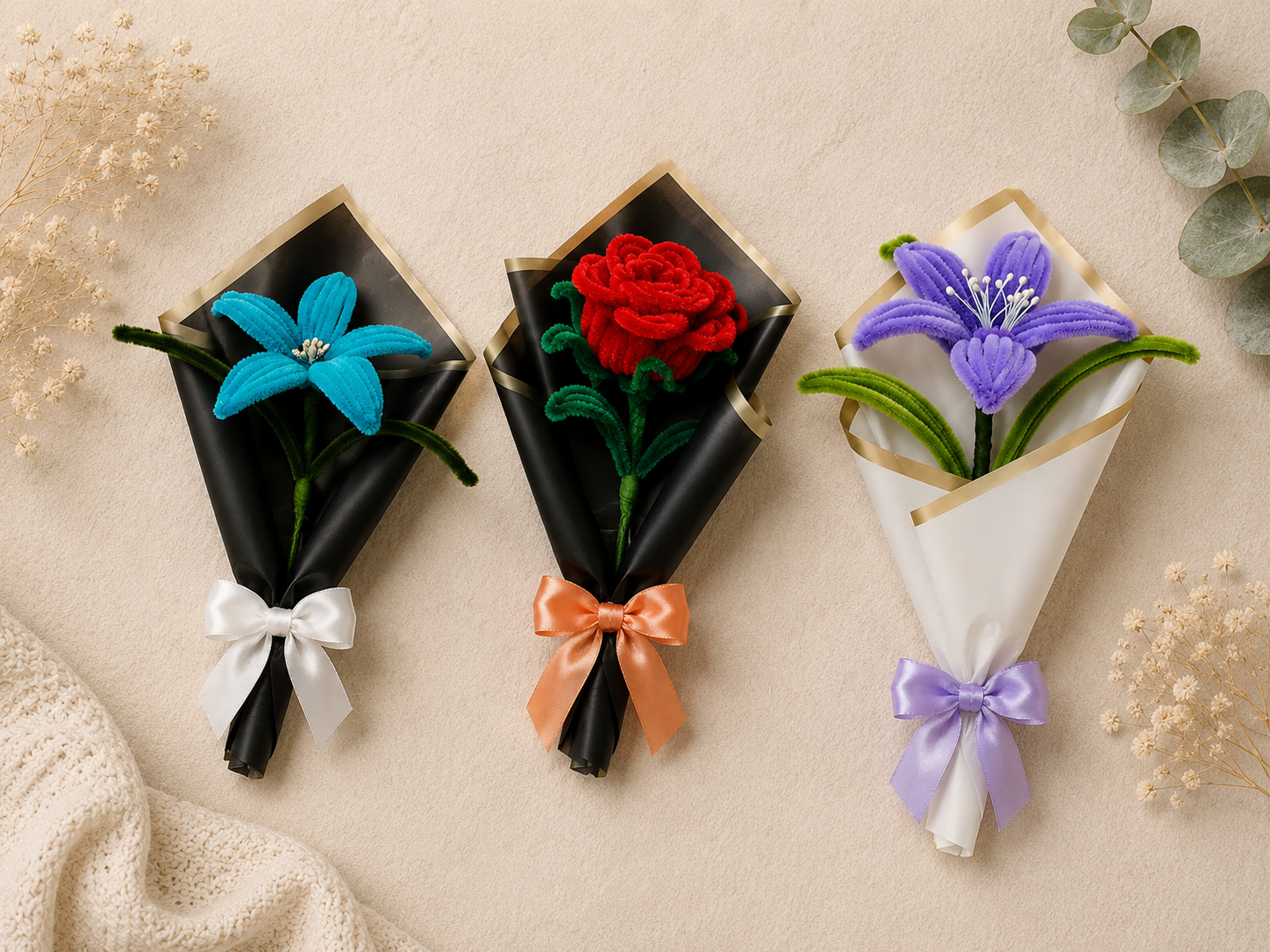 A handmade single stem flower bouquet in lily or rose designs, wrapped in ribbon — a charming, everlasting gift for any occasion.