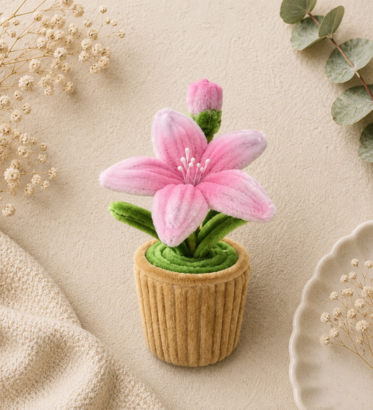 A handmade pink lily crafted from pipe cleaners, potted in a cozy planter — a charming, no-maintenance floral piece perfect for gifting or decor.