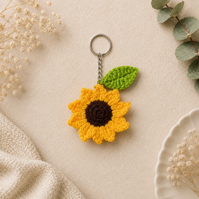 A handmade crochet sunflower keychain with a bright yellow bloom and leafy accent — a cheerful, everlasting floral charm perfect for gifting or everyday carry.