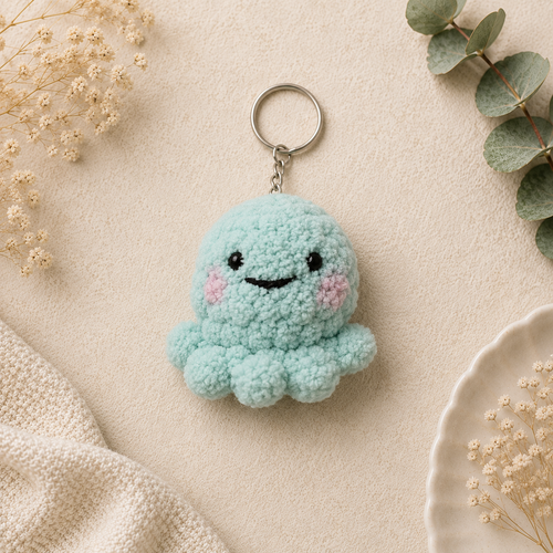 A handmade mint octopus keychain with blushing cheeks and a sweet smile — a soft, huggable plush charm perfect for gifting or everyday carry.