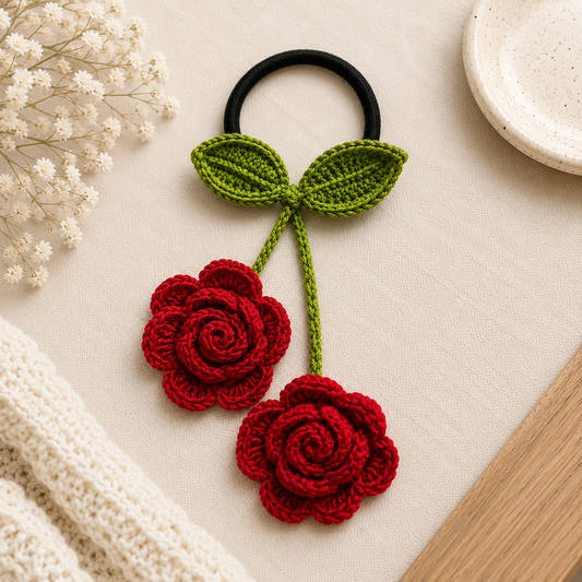 A handmade crochet hair tie styled like two red roses with green leaves and stems, attached to a black elastic band, displayed on a beige fabric surface with decorative props.