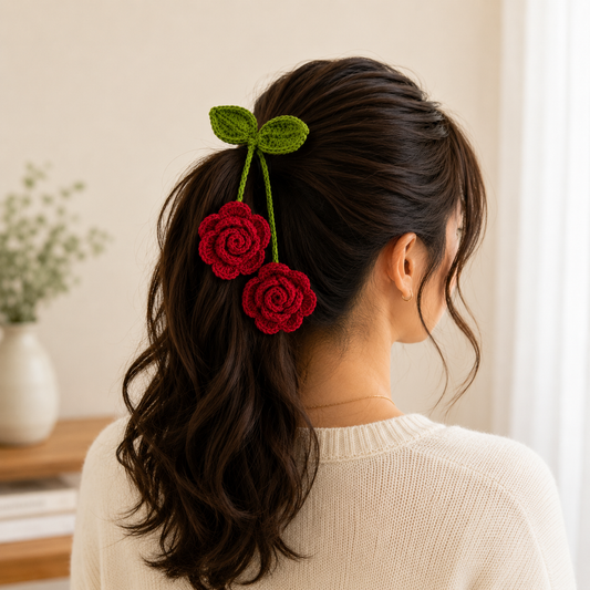 A woman with long dark brown hair seen from the back, wearing a crochet hair accessory with two red rose flowers and green leaves, styled in a ponytail. She is wearing a cream-colored knit sweater in a brightly lit indoor setting.