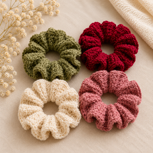 Four crocheted hair scrunchies in olive green, deep red, cream, and dusty rose, arranged on a beige fabric background with dried flowers and a folded cream textile.