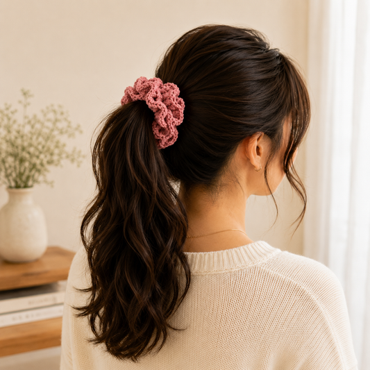 A woman shown from the back wearing a dusty pink crocheted scrunchie ponytail, with her dark brown hair styled in loose waves. She is wearing a cream-colored knit sweater in a brightly lit room with a wooden shelf and a white vase in the background.