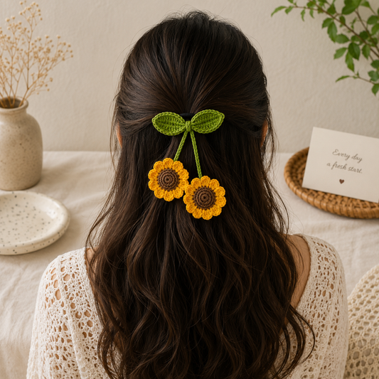 A woman shown from behind with long dark brown hair, wearing a crocheted hair accessory with two yellow sunflowers and green leaves. The setting is a cozy indoor environment with a table, vase, and card in the background.