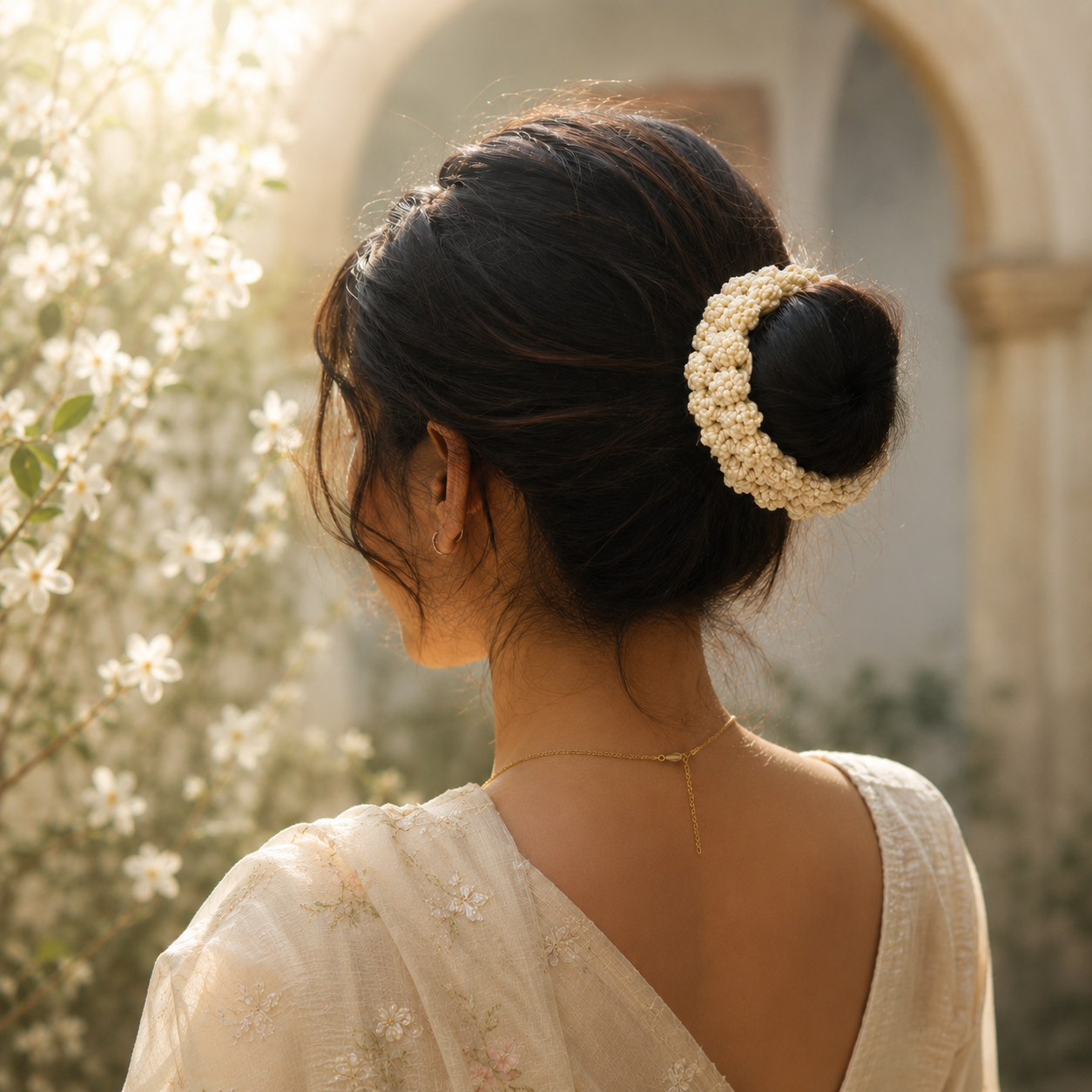 A woman shown from the back wearing a cream-colored floral hair accessory in a bun, set against a soft-focus background of white blossoms and a stone archway.