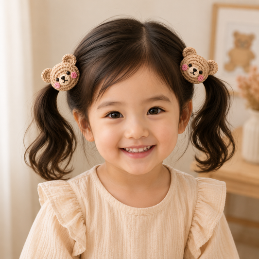 A young girl with dark brown hair styled in two pigtails wearing beige crocheted bear hair clips, smiling in a warm indoor setting.