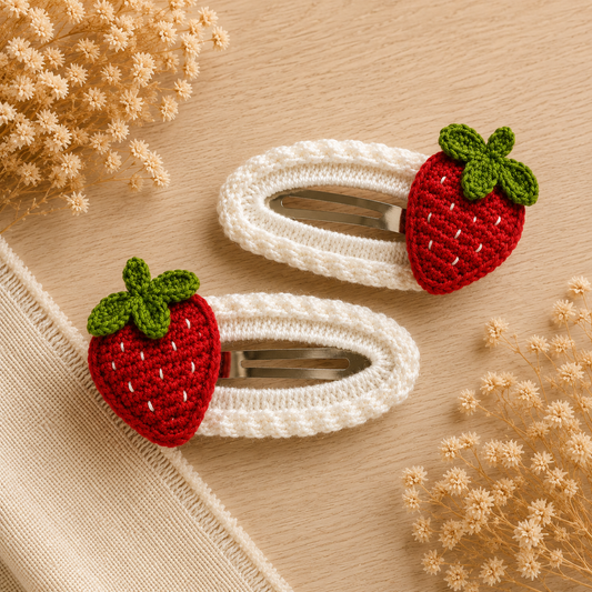 Two crocheted hair clips shaped like strawberries, one white and one red, with green leafy tops, arranged on a beige fabric surface with dried flowers.