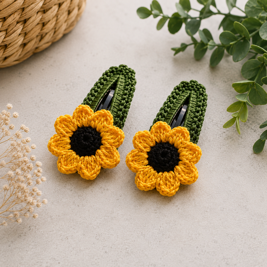Two crocheted sunflower hair clips with green textured stems and yellow petals with black centers, displayed on a light beige surface with decorative green leaves and a woven basket.