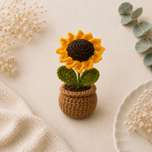 A crocheted sunflower in a small brown pot, styled on a beige fabric surface with dried flowers, green leaves, and a white plate.