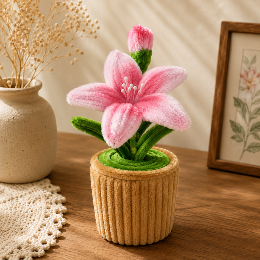 A pink lily flower craft with green leaves and a beige corduroy pot, styled on a wooden table with dried flowers and a framed picture in the background.