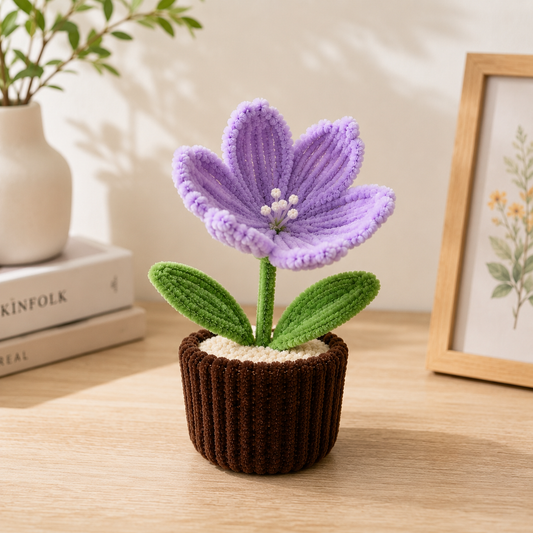 A crocheted purple flower with green leaves in a brown pot, displayed on a wooden table next to a framed botanical print and a small vase.