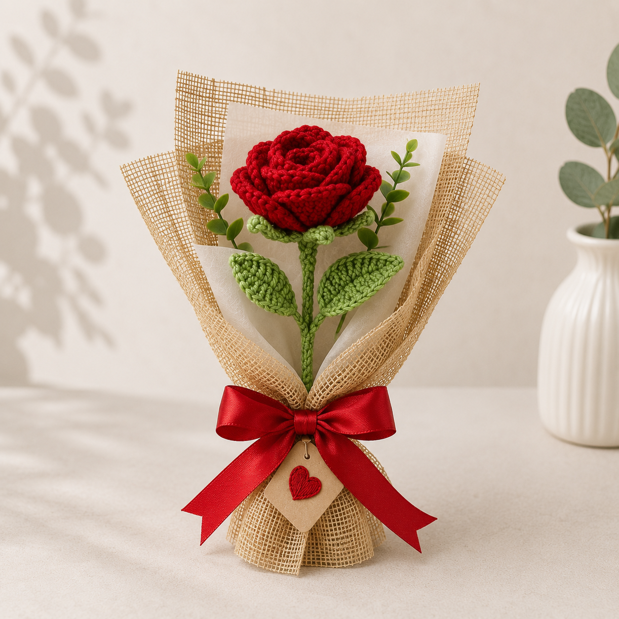 A handmade crocheted red rose bouquet wrapped in beige burlap paper with a red ribbon and a small heart tag, set against a softly lit neutral background.