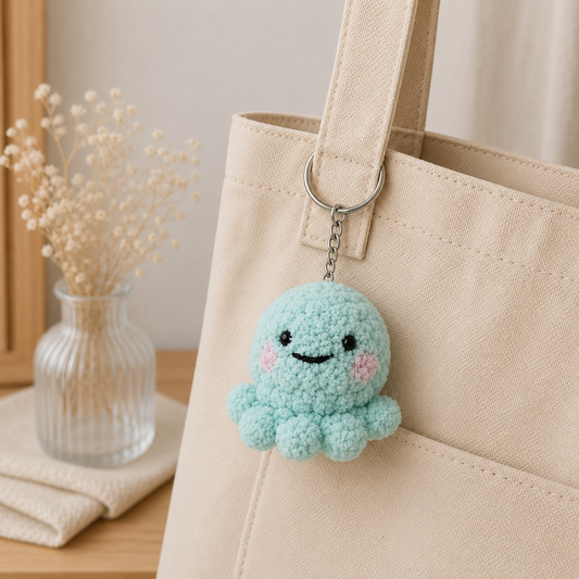A light blue crocheted octopus charm with pink cheeks hangs from a silver key ring attached to a beige canvas tote bag. The scene is styled on a wooden table with a glass vase of dried flowers in the background.