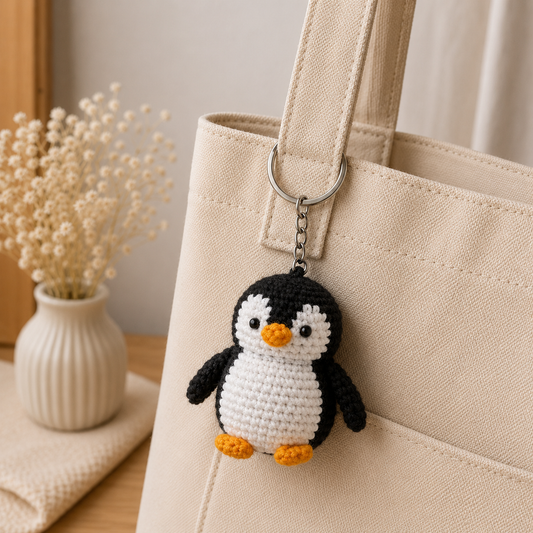 A crocheted penguin keychain charm with a black and white body, orange beak and feet, hanging from a silver ring on a beige canvas tote bag. The background shows a softly blurred interior setting with a small vase of dried flowers.