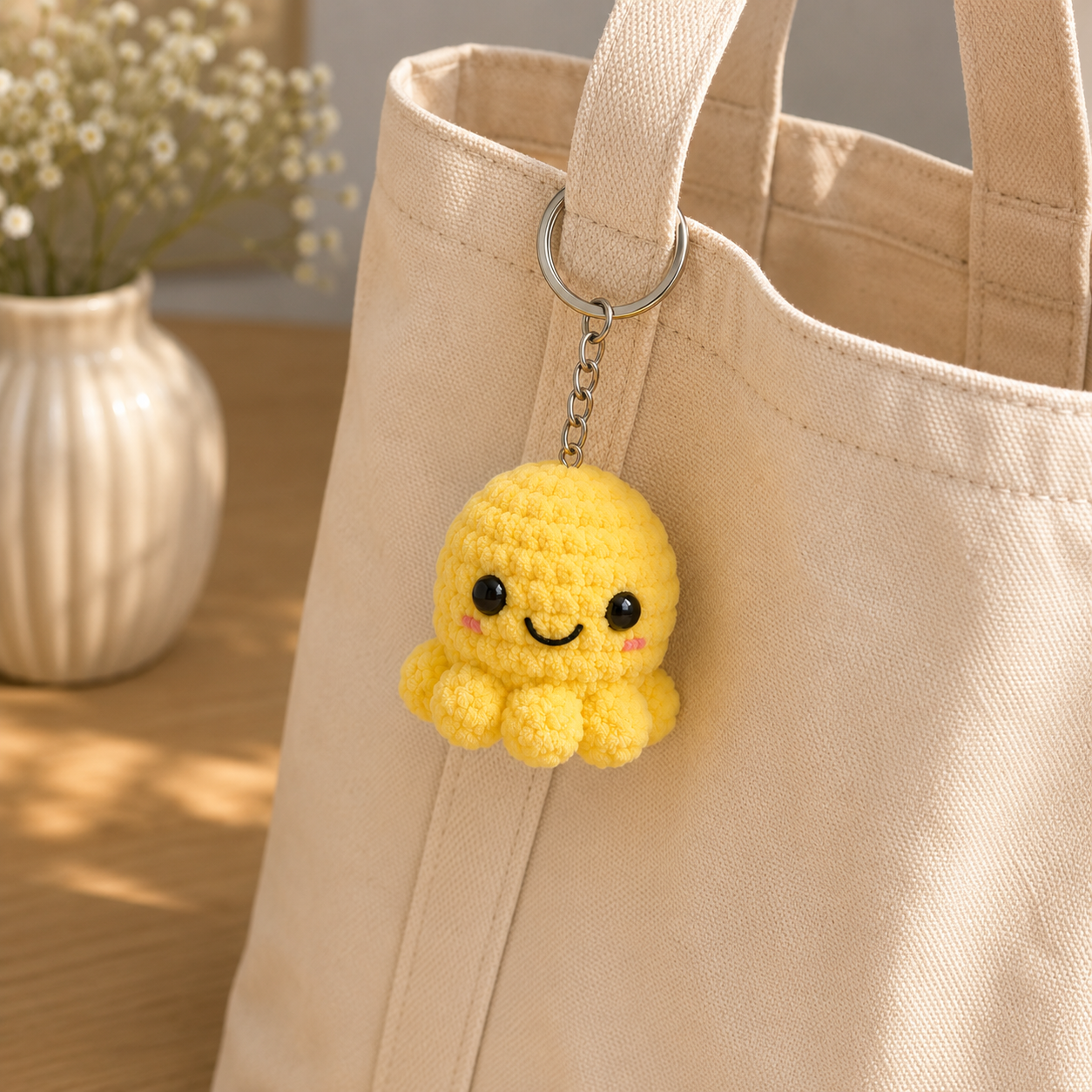 A yellow crocheted octopus keychain charm with a smiling face hangs from a silver ring on the handle of a beige canvas tote bag, with a blurred vase of small white flowers in the background.