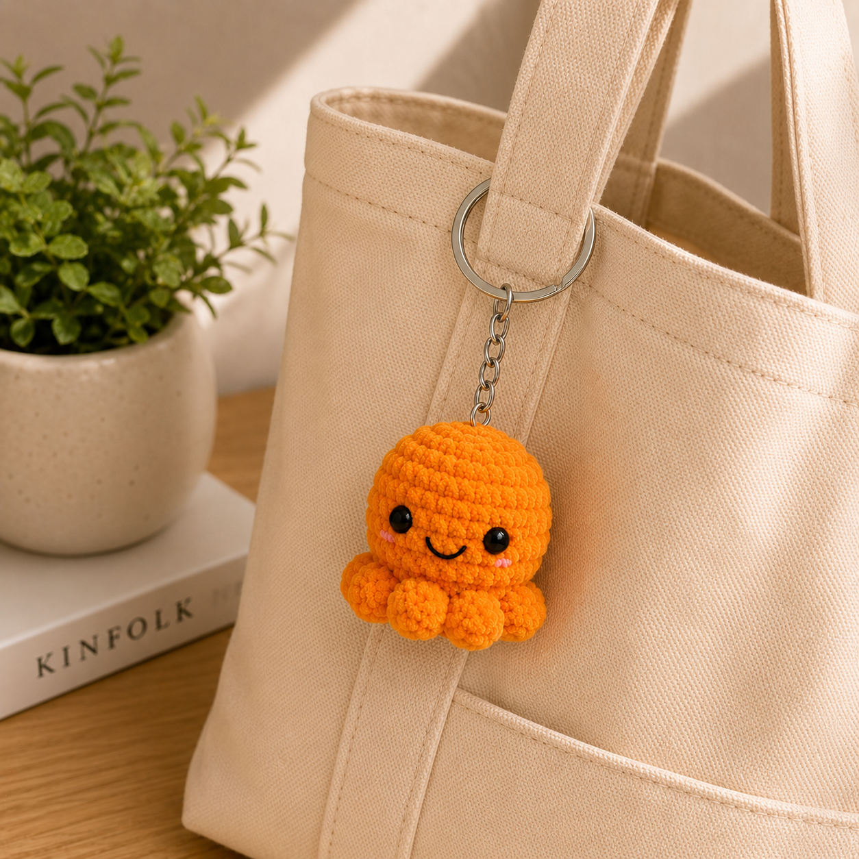 A small crocheted orange octopus keychain charm with black eyes and a smiling mouth hangs from a silver metal ring on a beige canvas tote bag. The bag is photographed on a wooden surface next to a potted green plant and a book.