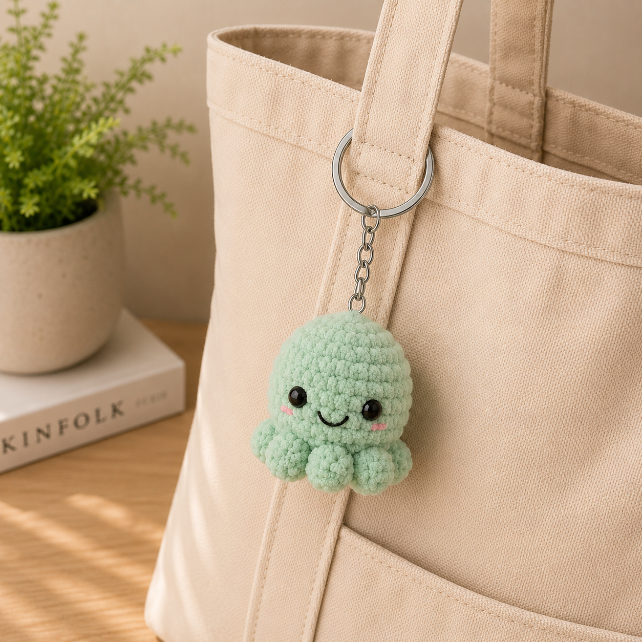 A small mint green crocheted octopus keychain charm with a smiling face hangs from a silver metal ring on a beige canvas tote bag. The background shows a wooden table, a potted green plant, and a book.