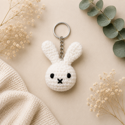 A white crocheted bunny keychain with a silver metal key ring and chain, styled on a beige textured surface with dried flowers, green eucalyptus leaves, and a cream knit blanket.