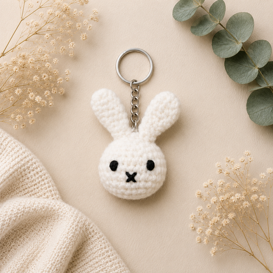 A white crocheted bunny keychain with a silver metal key ring and chain, styled on a beige textured surface with dried flowers, green eucalyptus leaves, and a cream knit blanket.