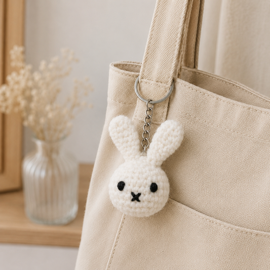 A cream-colored canvas tote bag with a white crocheted bunny keychain charm hanging from a silver metal ring on its strap.